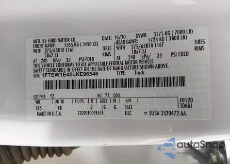 2020 Ford F-150 Xlt z USA, uszkodzony, nr VIN 1FTEW1E42LKE96546